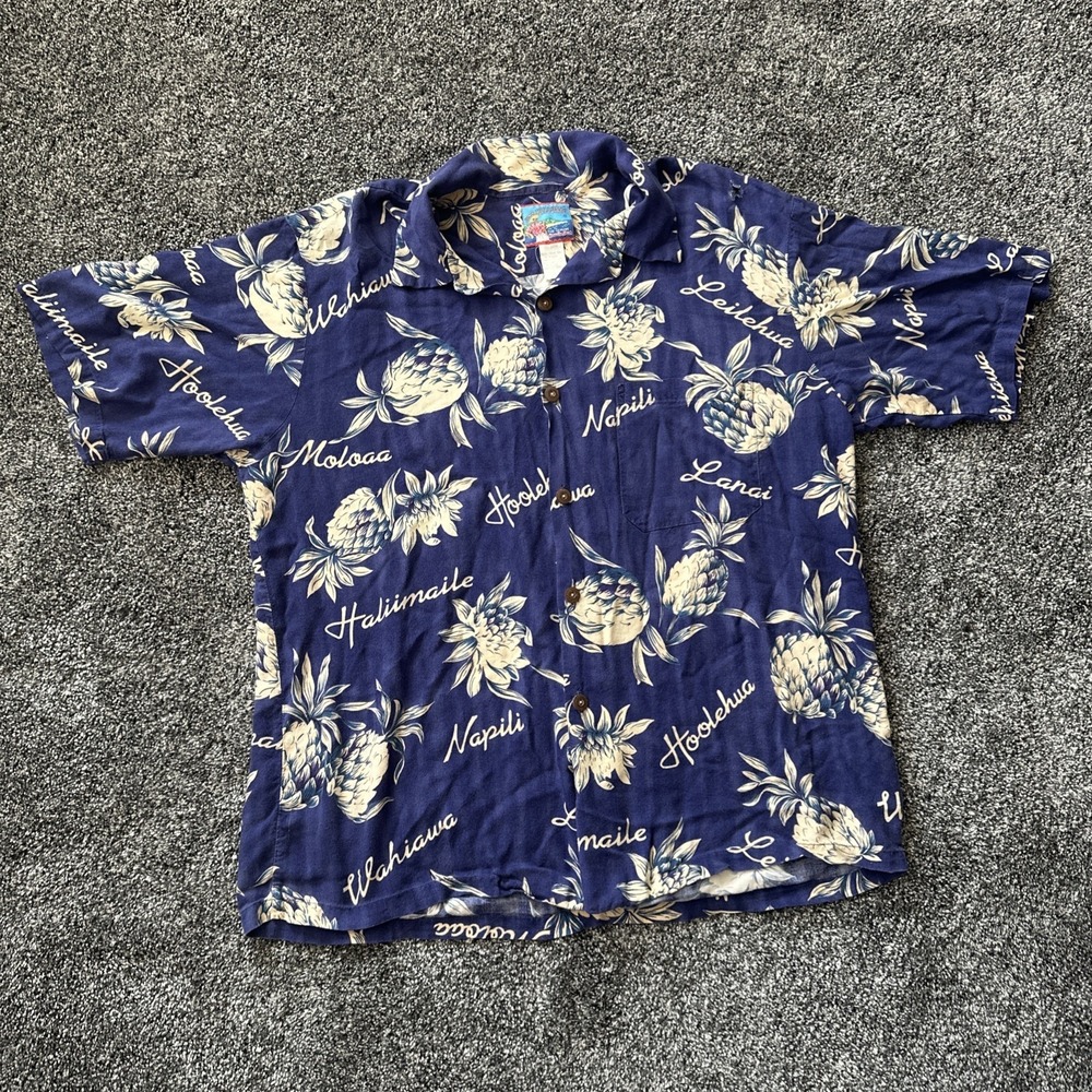 Vintage Joe Kealoha Reyn Spooner Shirt Men XL Blue Hawaiin Aloha Pineapple Rayon